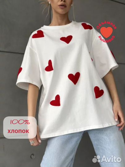 Футболка женская с сердечками оверсайз хлопок Zara