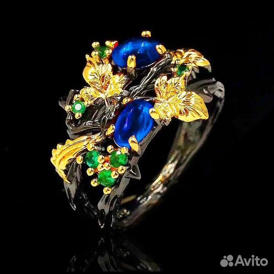 Комплект: Кольцо Серёжки Кулон, Чёрное Родирование