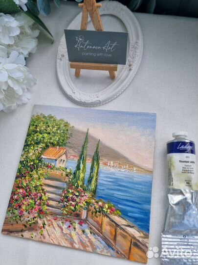 Картина маслом Крым пейзаж морской берег 20х20 см