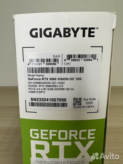 Видеокарта RTX GeForce 3060 vision OC 12G новая