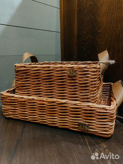 Корзины прямоугольные с ручками из кожи