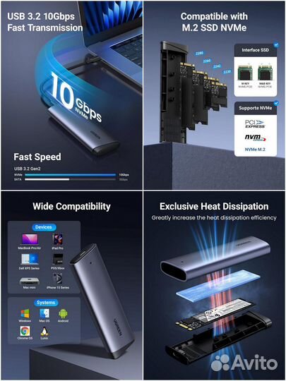 Корпус для SSD диска Ugreen CM767 (M.2 NVMe) серый