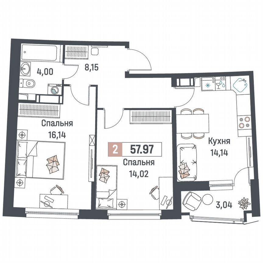 2-к. квартира, 58 м², 3/18 эт.