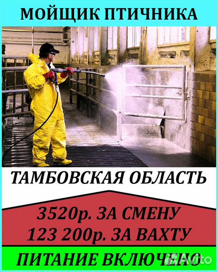Мойщик птичника /вахта на птицефабрику Тамбов