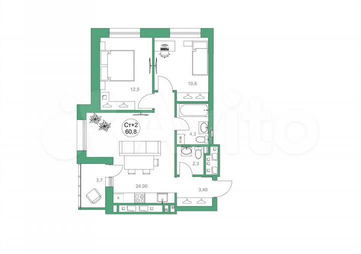 2-к. квартира, 60,8 м², 16/16 эт.