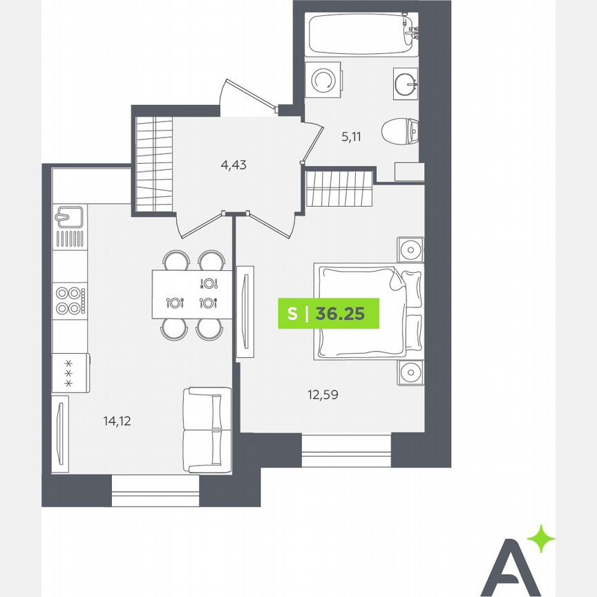 1-к. квартира, 36,3 м², 1/12 эт.