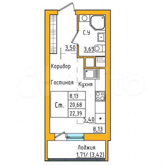 Квартира-студия, 22,4 м², 6/27 эт.