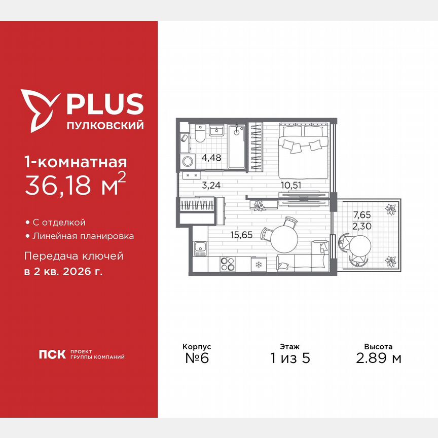 1-к. квартира, 36,2 м², 1/5 эт.