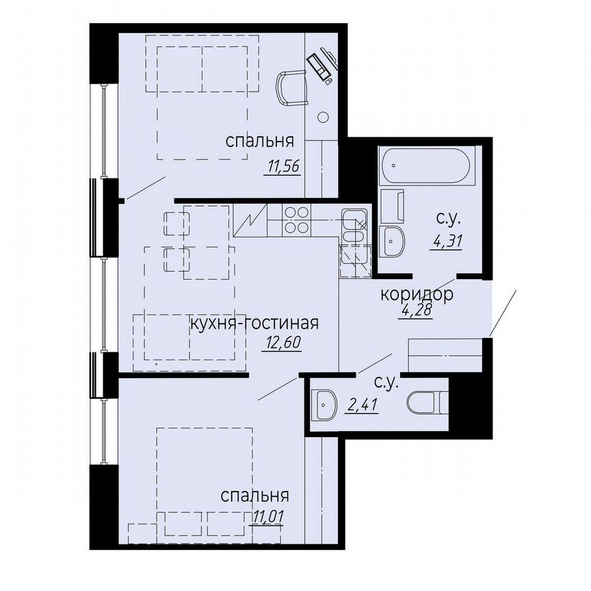 2-к. апартаменты, 46,2 м², 3/10 эт.