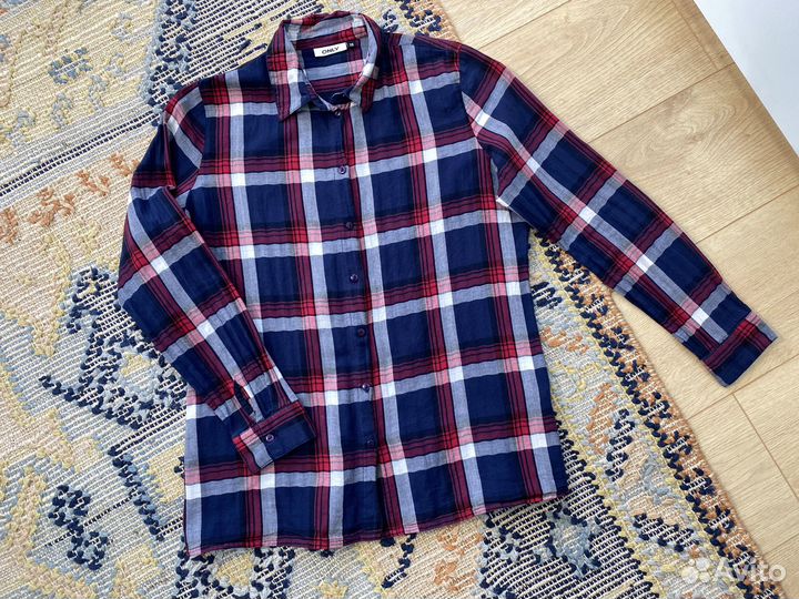 Рубашка синяя красная в клетку хлопок 44-46