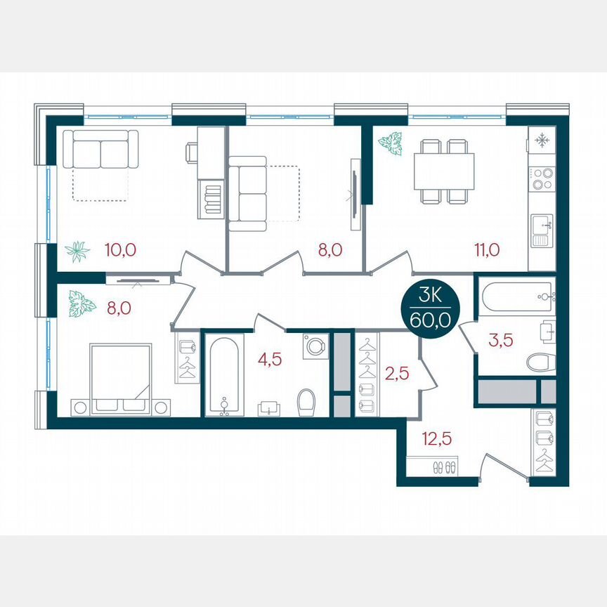 3-к. квартира, 60 м², 4/32 эт.