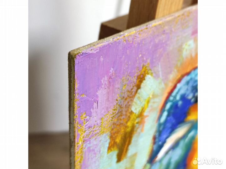 Картина птица зимородок, миниатюра маслом 20х15 см