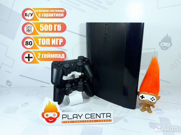 Playstation 3 S.Slim 500Gb +80 игр 2 геймпада б/у