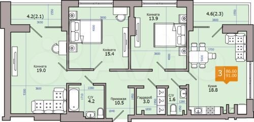 3-к. квартира, 91 м², 9/18 эт.