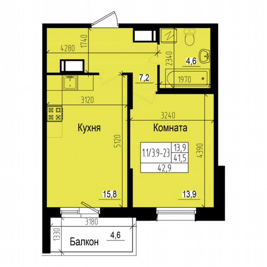 1-к. квартира, 42,9 м², 17/23 эт.