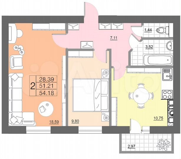 2-к. квартира, 54,2 м², 4/10 эт.