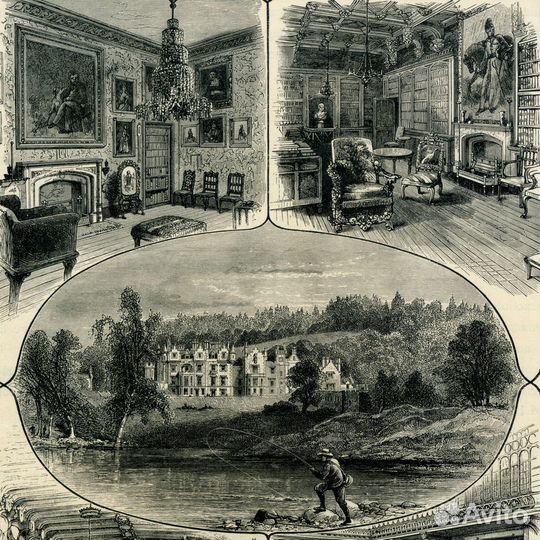 Старинная гравюра XIX в. Эбботсфорд антиквариат