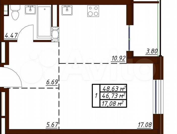 1-к. квартира, 48,6 м², 16/19 эт.