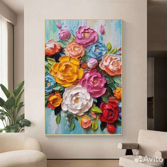Яркая текстурная картина маслом объёмные цветы