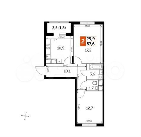 2-к. квартира, 57,6 м², 5/16 эт.