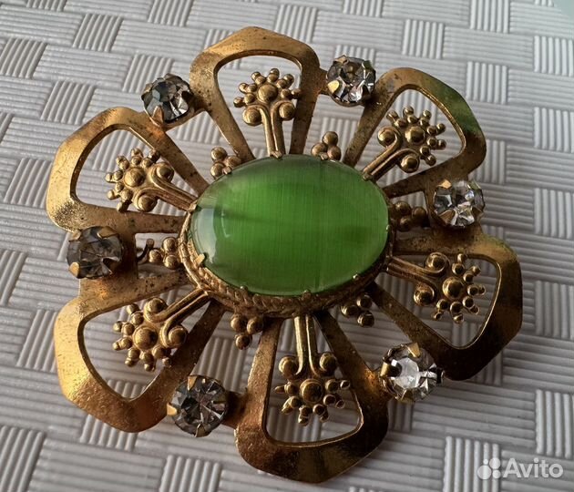 Брошь узорная чешское стекло позолота СССР винтаж