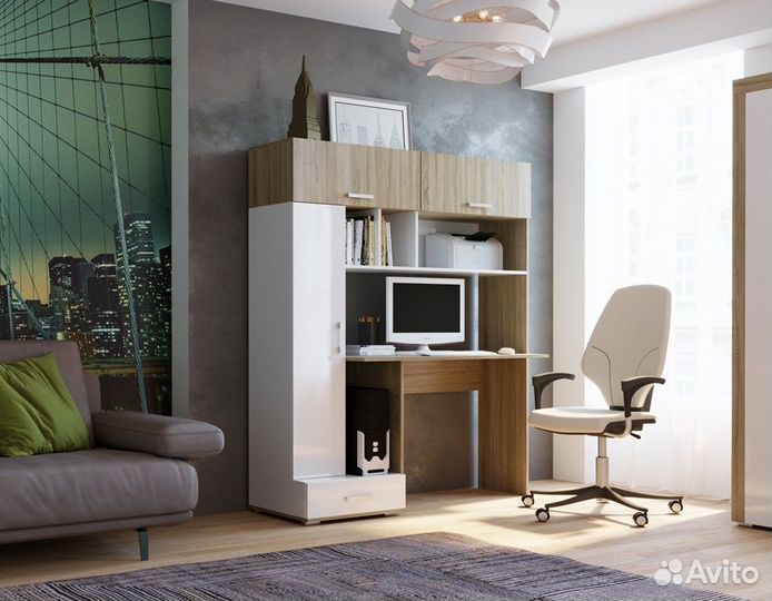 Стол компьютерный с пеналом Дуб сонома/Белый