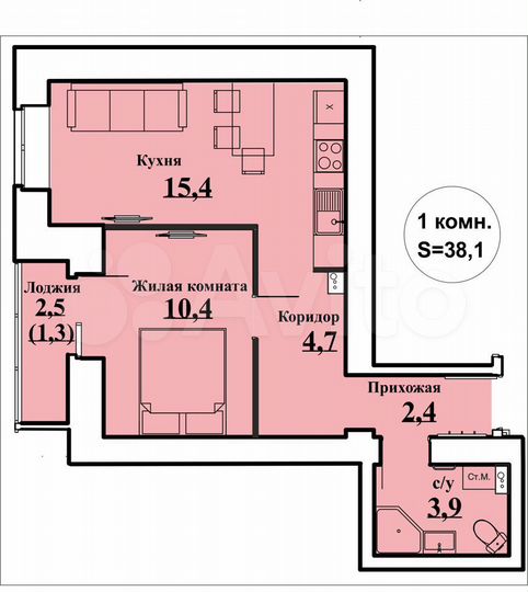 1-к. квартира, 39 м², 9/15 эт.