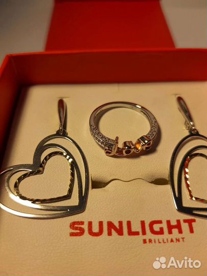 Серьги и кольцо, серебро с позолотой, фианиты