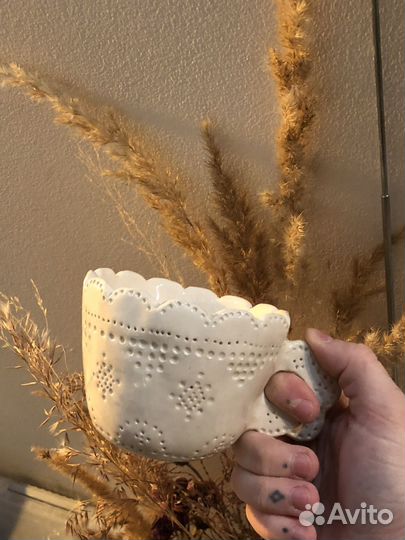 Керамические кружка и блюдце Кружево