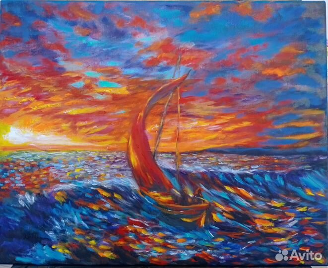 Картина маслом на холсте Лодка и море