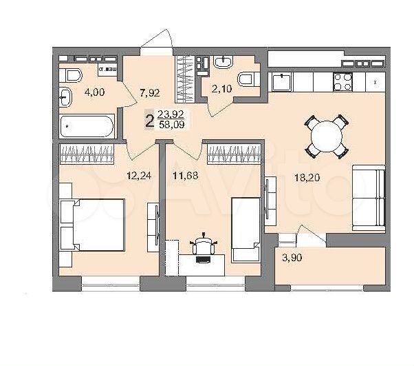2-к. квартира, 58,1 м², 24/25 эт.