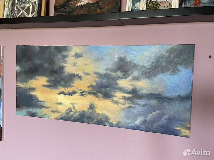 Картина маслом 35х80 см Небо на холсте