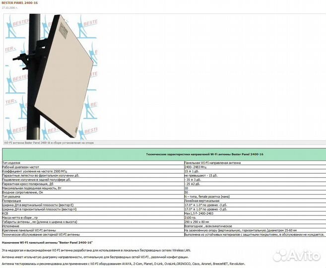 Направленная панельная Wi-Fi антенна с кабелем 6м
