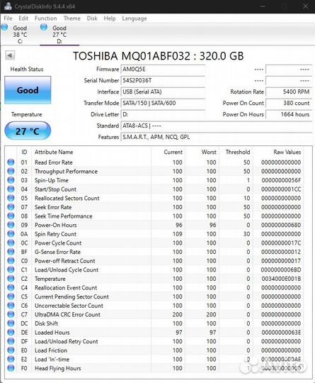 Жесткий диск HDD 2.5 320gb toshiba MQ01ABF032