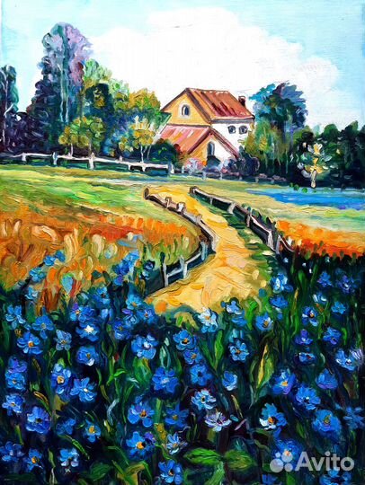 Картина маслом Льняное поле 40 на 30см