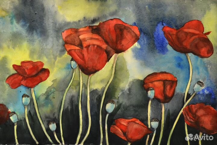 Картина Маки Букет декоративный акварелью А3