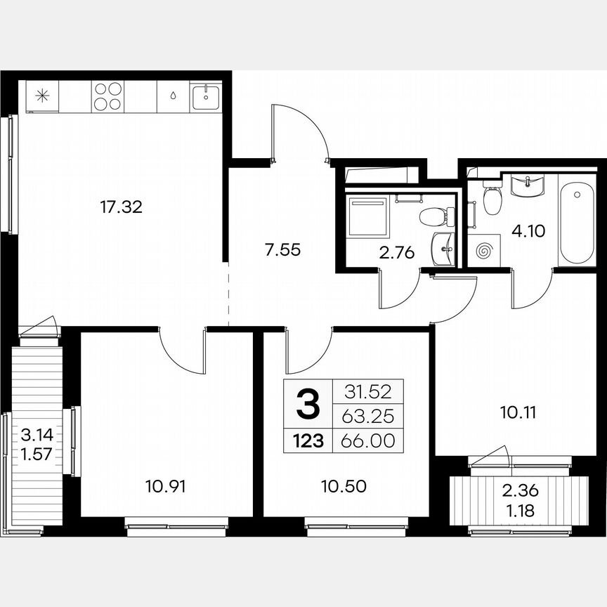 3-к. квартира, 66 м², 9/9 эт.
