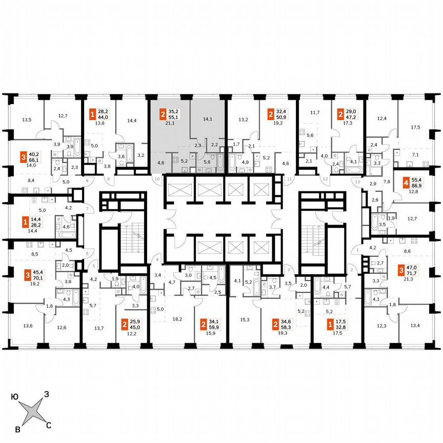 1-к. квартира, 55,1 м², 35/60 эт.