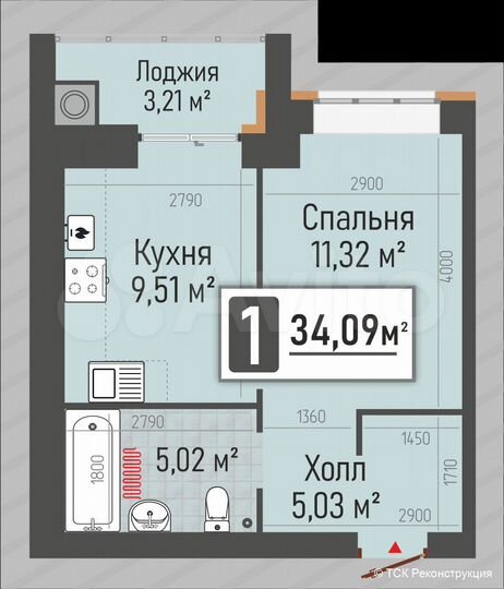 1-к. квартира, 34,1 м², 9/10 эт.