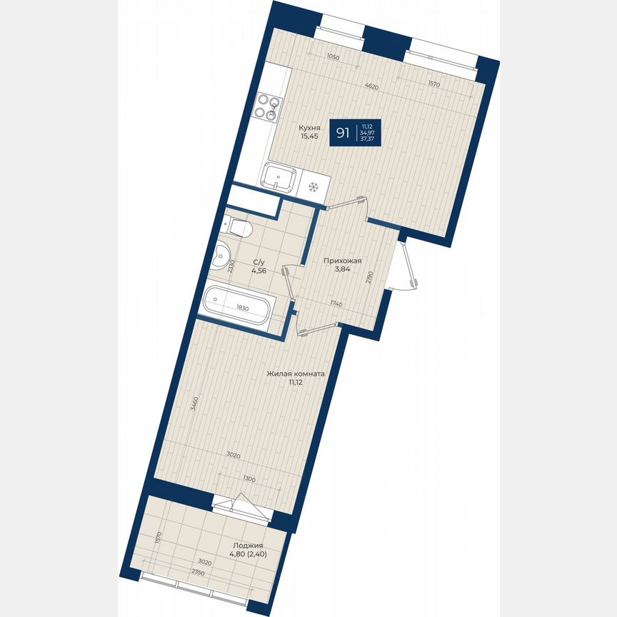 1-к. квартира, 37,4 м², 7/12 эт.