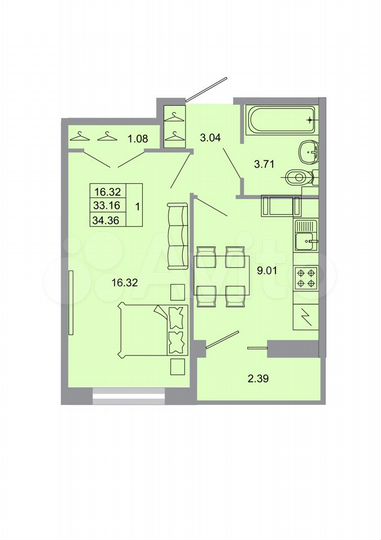 1-к. квартира, 34,4 м², 19/20 эт.