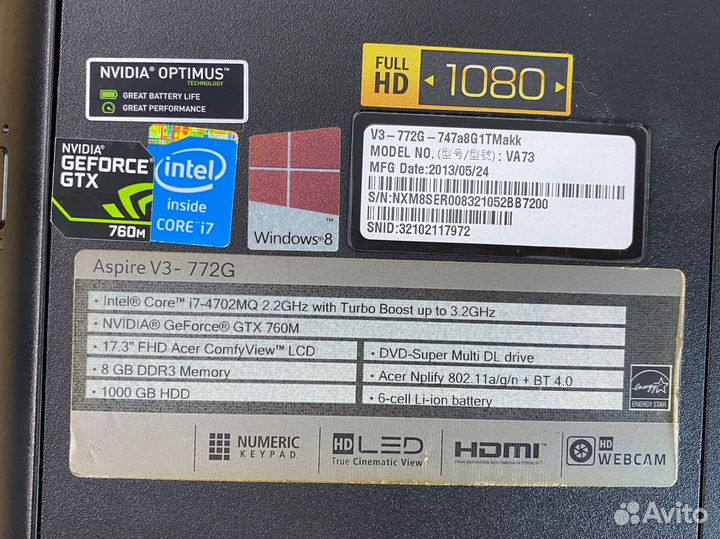 Ноутбук Aser Aspire V3-772G-747a8G1TMakk черный