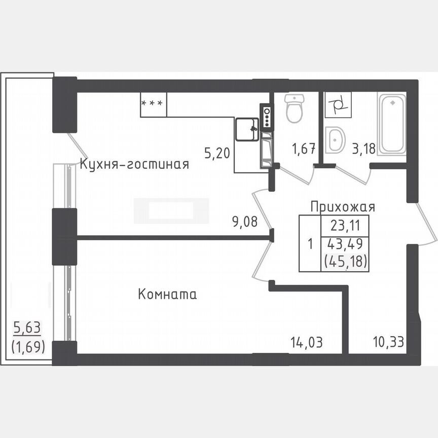 1-к. квартира, 44,9 м², 5/5 эт.