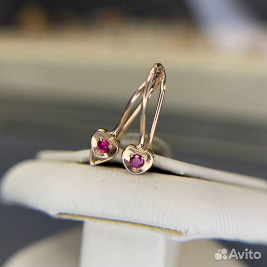 Золотые серьги детские 585 проба золото с рубином
