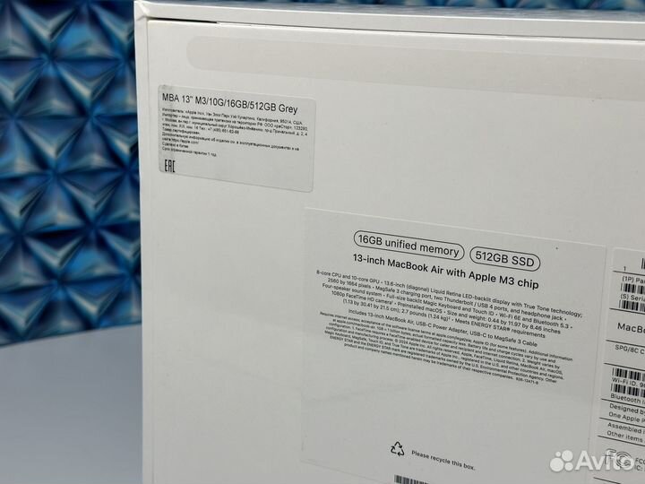 MacBook Air 13 2024 M3/16/512Gb NEW re:Store, чек
