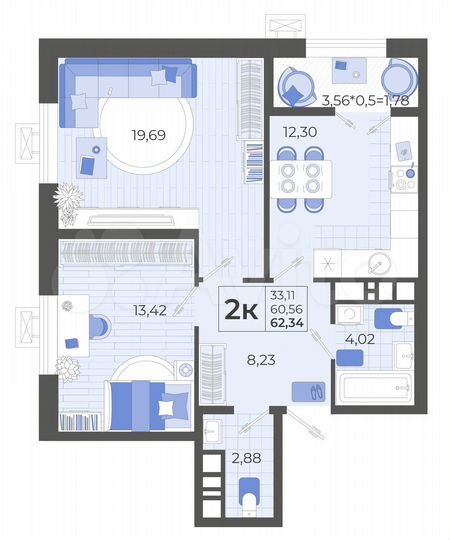 2-к. квартира, 62,3 м², 11/14 эт.
