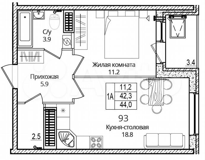 1-к. квартира, 44 м², 14/16 эт.