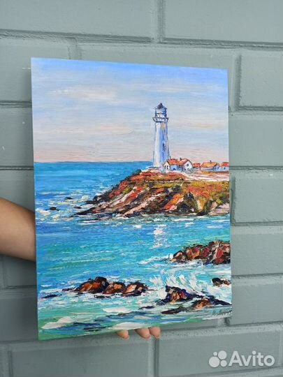 Картина маслом море маяк холст на картоне 30х40см