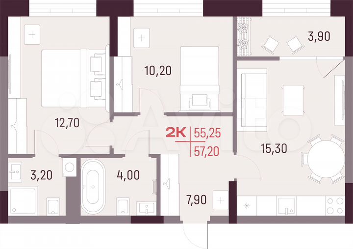 2-к. квартира, 55,3 м², 12/25 эт.