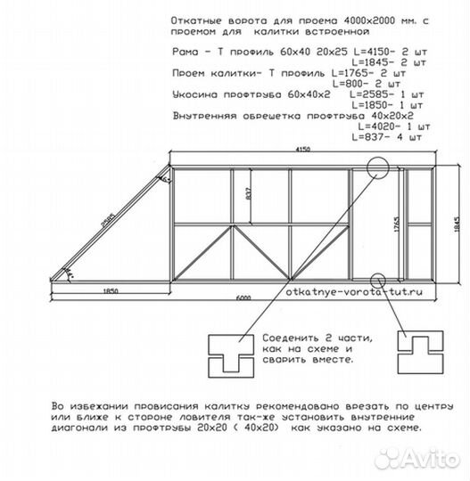 Откатные ворота 4х2 +калитка встроенная Т-профиль